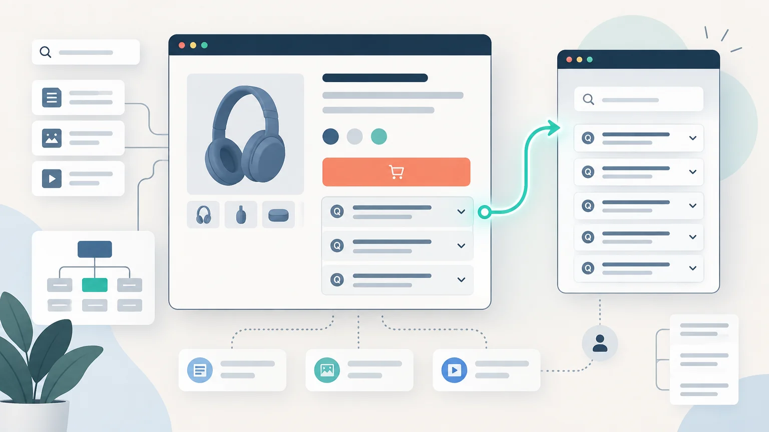 Soft pastel editorial illustration showing a headphone product page with an add-to-cart button and accordion question rows, connected by a green arrow to a separate FAQ-style browser window, with sitemap and content cards around it.