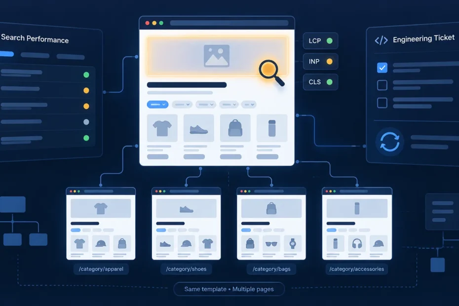 Dark blue editorial infographic showing a central ecommerce category-page template connected to Search Performance results, Core Web Vitals badges, an Engineering Ticket panel, and four category-page examples labeled apparel, shoes, bags, and accessories.