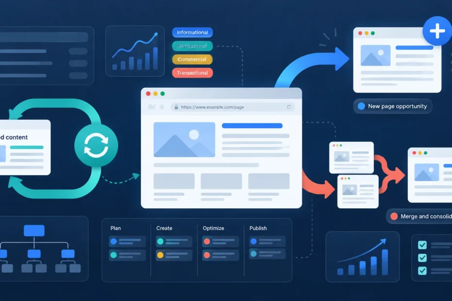 Editorial illustration of a website page surrounded by analytics, search intent labels, a revised-content refresh loop, a new-page arrow, and a merge-and-consolidate workflow.