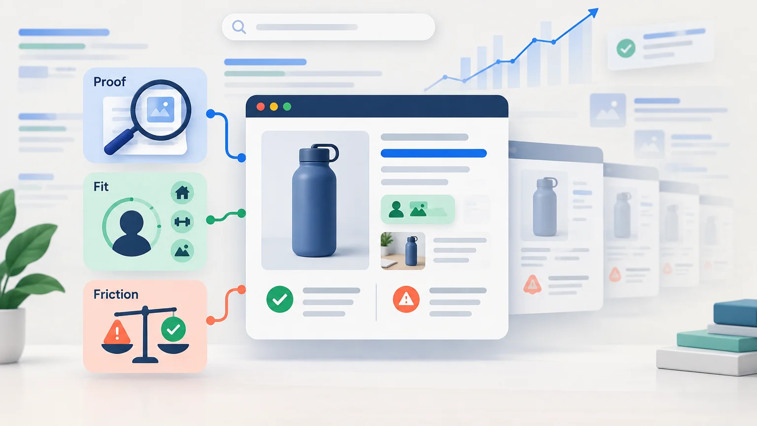 Soft 3D editorial illustration of a product review webpage for a blue water bottle, connected to panels labeled Proof, Fit, and Friction, with search, chart, checkmark, and warning icons.
