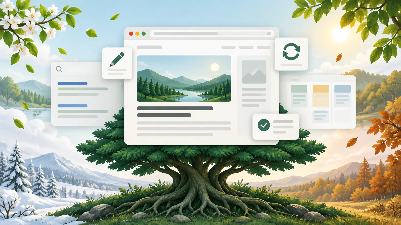 Illustration of a large tree standing across snowy winter and golden autumn landscapes, with floating browser, search, edit, refresh, and checklist interface panels above it.